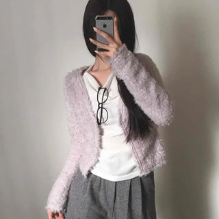 Lovely Feminine Fuzzy Fluffy Knit Cardigan
