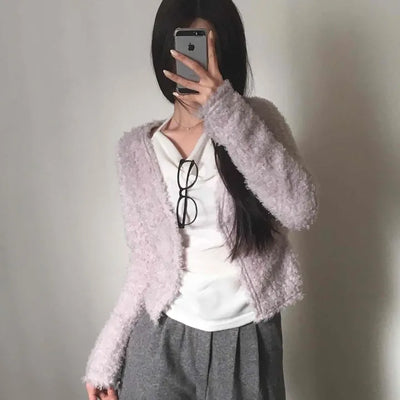 Lovely Feminine Fuzzy Fluffy Knit Cardigan