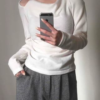 Soft Boat Neck Loose Fit Ribbed Long Sleeve T-shirt