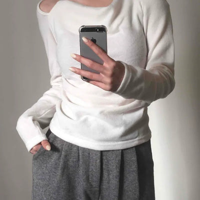 Soft Boat Neck Loose Fit Ribbed Long Sleeve T-shirt