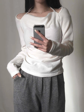 Soft Boat Neck Loose Fit Ribbed Long Sleeve T-shirt