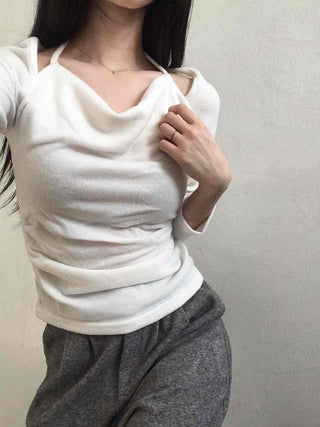 Soft Boat Neck Loose Fit Ribbed Long Sleeve T-shirt