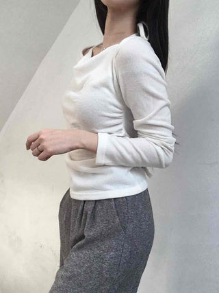 Soft Boat Neck Loose Fit Ribbed Long Sleeve T-shirt