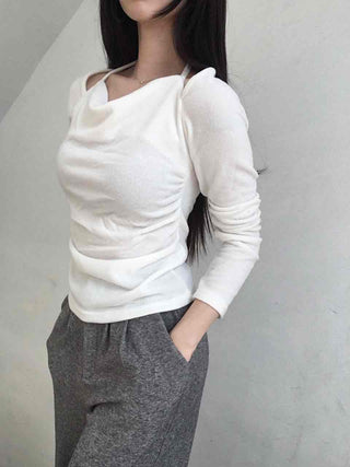 Soft Boat Neck Loose Fit Ribbed Long Sleeve T-shirt