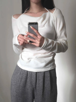Soft Boat Neck Loose Fit Ribbed Long Sleeve T-shirt