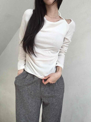 Soft Boat Neck Loose Fit Ribbed Long Sleeve T-shirt