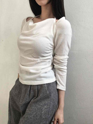 Soft Boat Neck Loose Fit Ribbed Long Sleeve T-shirt
