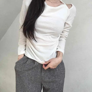 Soft Boat Neck Loose Fit Ribbed Long Sleeve T-shirt