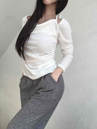 Soft Boat Neck Loose Fit Ribbed Long Sleeve T-shirt
