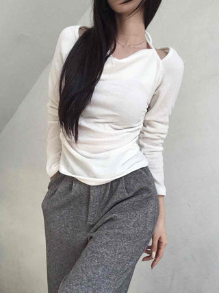 Soft Boat Neck Loose Fit Ribbed Long Sleeve T-shirt