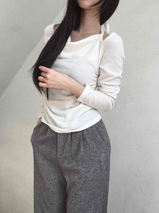 Soft Boat Neck Loose Fit Ribbed Long Sleeve T-shirt