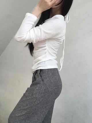 Soft Boat Neck Loose Fit Ribbed Long Sleeve T-shirt
