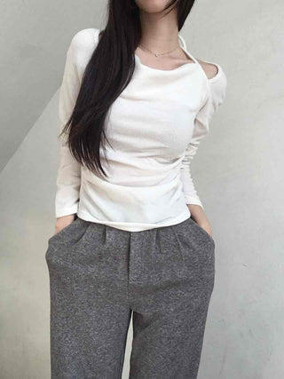 Soft Boat Neck Loose Fit Ribbed Long Sleeve T-shirt