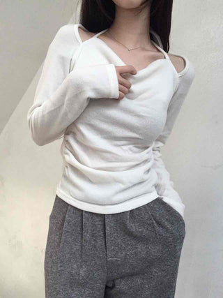 Soft Boat Neck Loose Fit Ribbed Long Sleeve T-shirt