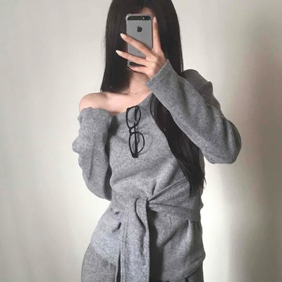 Off-shoulder Lace-up Shirred Loose Fit Long Sleeve T-shirt
