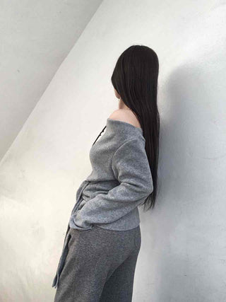 Off-shoulder Lace-up Shirred Loose Fit Long Sleeve T-shirt