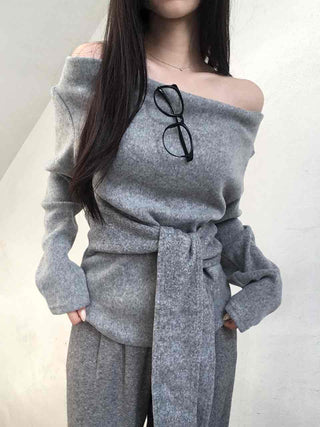 Off-shoulder Lace-up Shirred Loose Fit Long Sleeve T-shirt