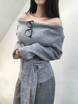 Off-shoulder Lace-up Shirred Loose Fit Long Sleeve T-shirt