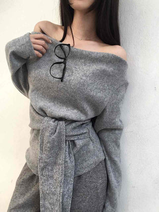 Off-shoulder Lace-up Shirred Loose Fit Long Sleeve T-shirt