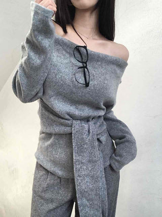 Off-shoulder Lace-up Shirred Loose Fit Long Sleeve T-shirt