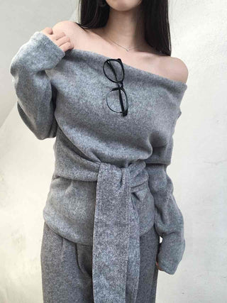 Off-shoulder Lace-up Shirred Loose Fit Long Sleeve T-shirt