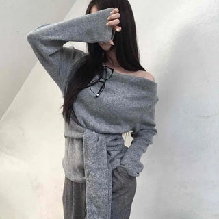 Off-shoulder Lace-up Shirred Loose Fit Long Sleeve T-shirt
