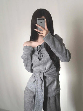 Off-shoulder Lace-up Shirred Loose Fit Long Sleeve T-shirt