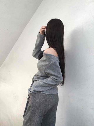 Off-shoulder Lace-up Shirred Loose Fit Long Sleeve T-shirt