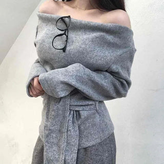 Off-shoulder Lace-up Shirred Loose Fit Long Sleeve T-shirt