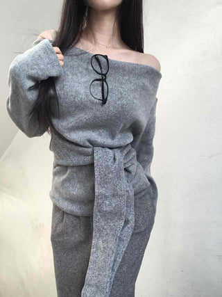 Off-shoulder Lace-up Shirred Loose Fit Long Sleeve T-shirt