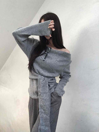 Off-shoulder Lace-up Shirred Loose Fit Long Sleeve T-shirt