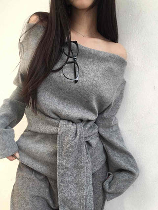 Off-shoulder Lace-up Shirred Loose Fit Long Sleeve T-shirt