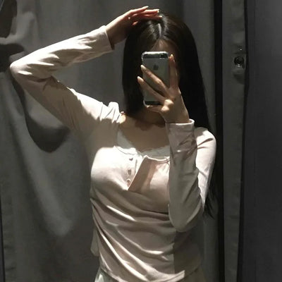 Romantic Puff Sleeve Button Neck String Long Sleeve T-shirt