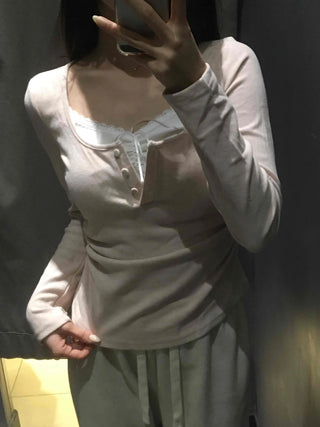 Romantic Puff Sleeve Button Neck String Long Sleeve T-shirt