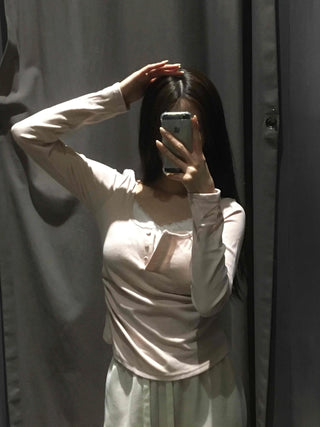 Romantic Puff Sleeve Button Neck String Long Sleeve T-shirt