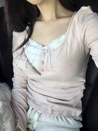 Romantic Puff Sleeve Button Neck String Long Sleeve T-shirt