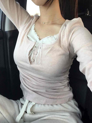 Romantic Puff Sleeve Button Neck String Long Sleeve T-shirt