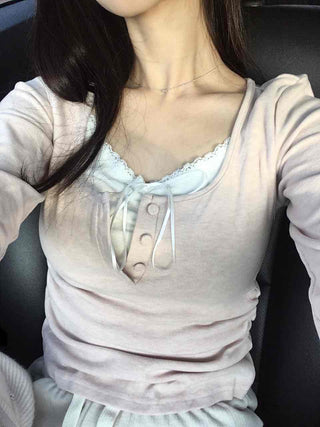 Romantic Puff Sleeve Button Neck String Long Sleeve T-shirt