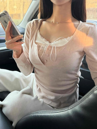 Romantic Puff Sleeve Button Neck String Long Sleeve T-shirt