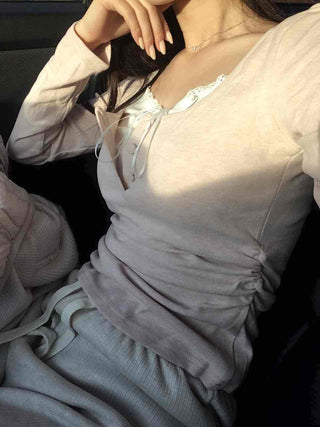 Romantic Puff Sleeve Button Neck String Long Sleeve T-shirt