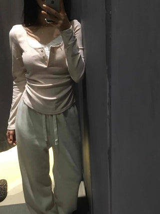 Romantic Puff Sleeve Button Neck String Long Sleeve T-shirt