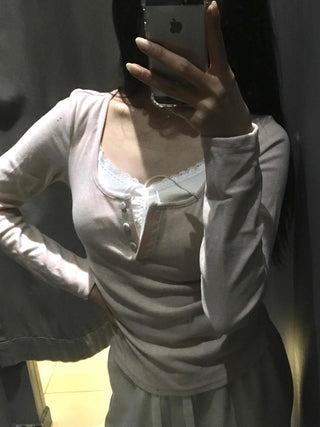 Romantic Puff Sleeve Button Neck String Long Sleeve T-shirt