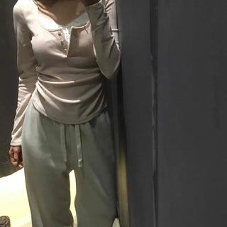 Romantic Puff Sleeve Button Neck String Long Sleeve T-shirt