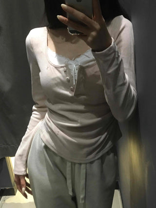 Romantic Puff Sleeve Button Neck String Long Sleeve T-shirt