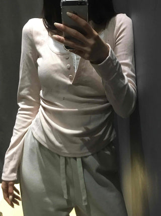 Romantic Puff Sleeve Button Neck String Long Sleeve T-shirt