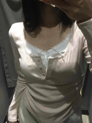 Romantic Puff Sleeve Button Neck String Long Sleeve T-shirt