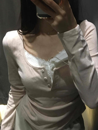 Romantic Puff Sleeve Button Neck String Long Sleeve T-shirt
