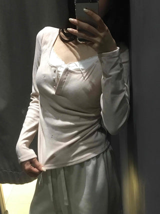 Romantic Puff Sleeve Button Neck String Long Sleeve T-shirt