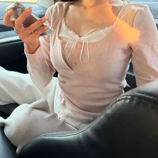 Romantic Puff Sleeve Button Neck String Long Sleeve T-shirt