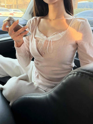 Romantic Puff Sleeve Button Neck String Long Sleeve T-shirt